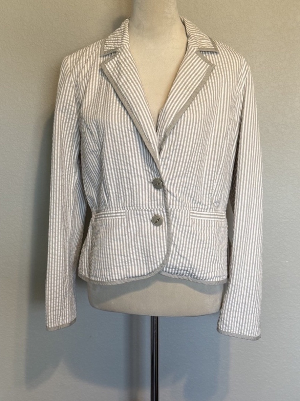 Sandro Womens Large Gray White Seersucker Blazer Gold Button Cotton